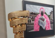 Il trofeo del Giro d'Italia con la foto di copertina sullo sfondo